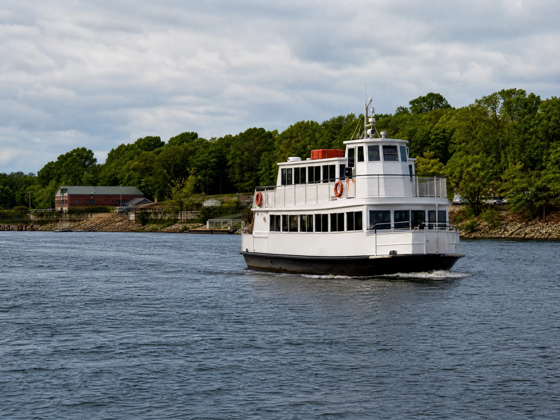Working vessel and dock viewed from a marine facility on the Ohio River
